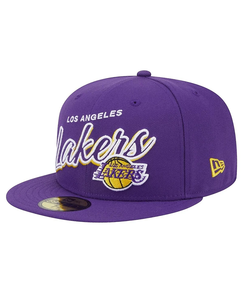 New Era Men's Purple Los Angeles Lakers Sport Night Script Sided 59FIFTY Fitted Hat