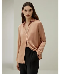 Women's Minimalist Placket Silk Blouse with Shell Buttons