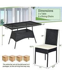 10PCS Patio Rattan Dining Set Cushioned Chair Table with Glass Top Garden Furniture