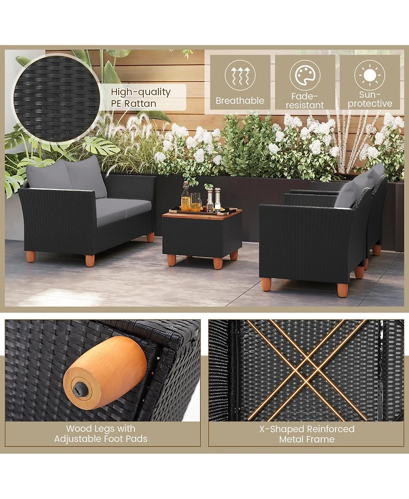 Gymax 4 Pcs Wicker Patio Furniture Set w/ Removable Cushions Storage Coffee Table