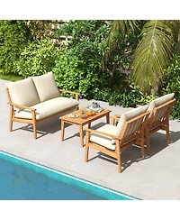 4 Pieces Outdoor Acacia Wood Conversation Set with Soft Cushions and Coffee Table-White