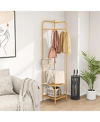 Corner Coat Rack with Top Hanger and 2 Mesh Shelves for Entryway, Hallway, Living Room, or Bedroom Storage