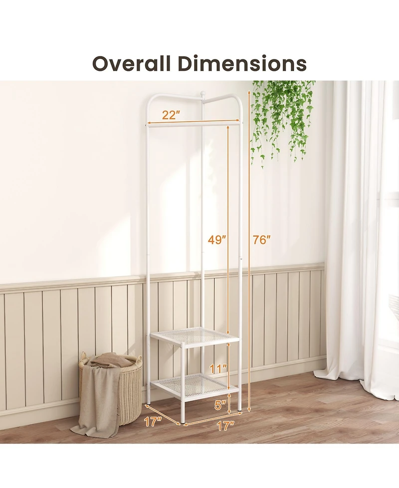 Corner Coat Rack with Top Hanger and 2 Mesh Shelves for Entryway, Hallway, Living Room, or Bedroom Storage