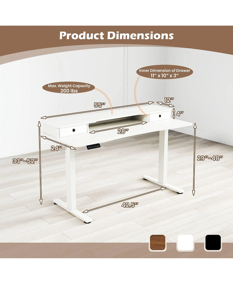 55"x 24" Electric Standing Desk with 2 Drawers Monitor Stand Storage Shelf