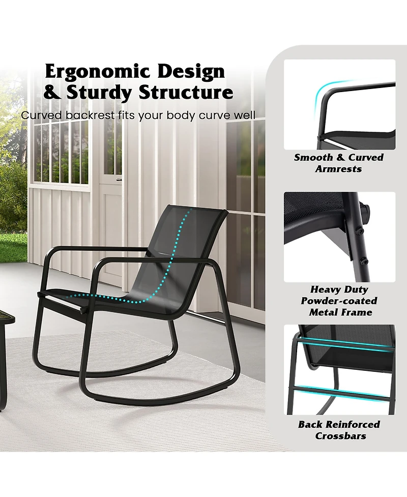 Gymax 3 Piece Rocking Bistro Set Patio Furniture Set w/ 2 Rocking Chairs & Glass-Top Coffee Table