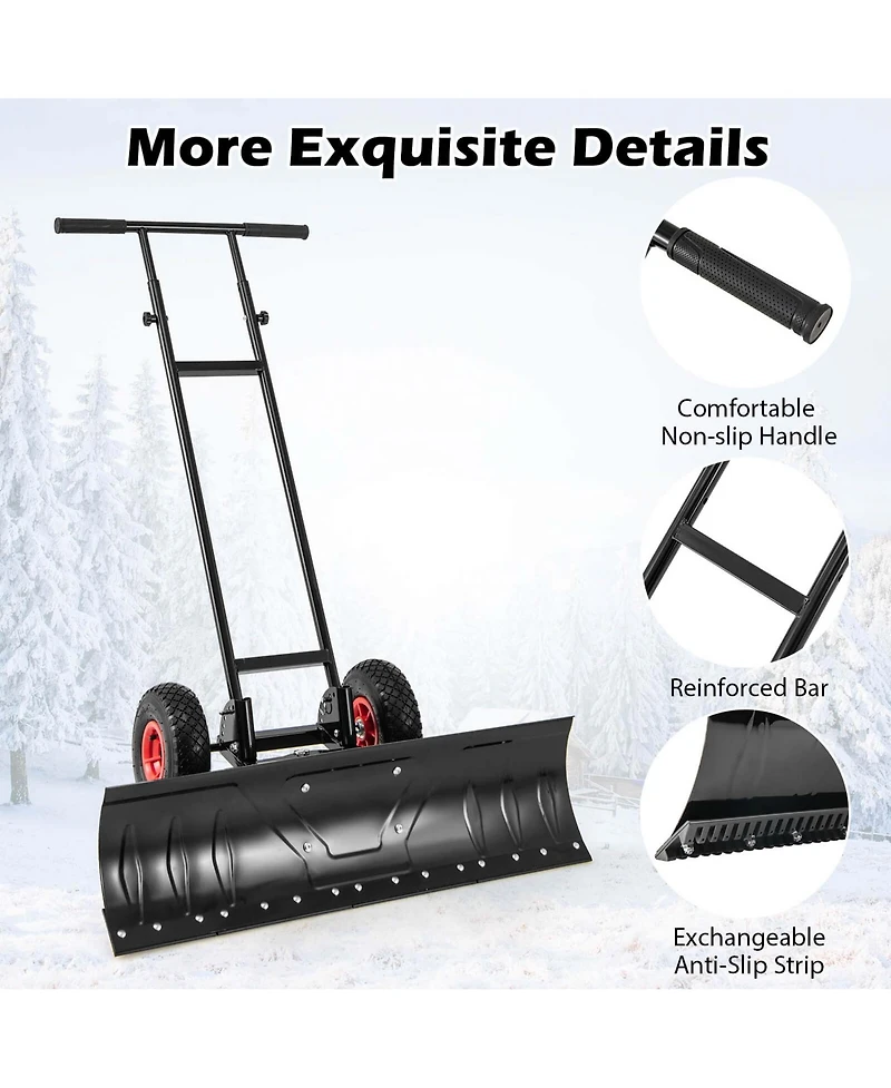 36" Snow Shovel Pusher with 10" Inflatable Wheels Adjustable Handle & Head
