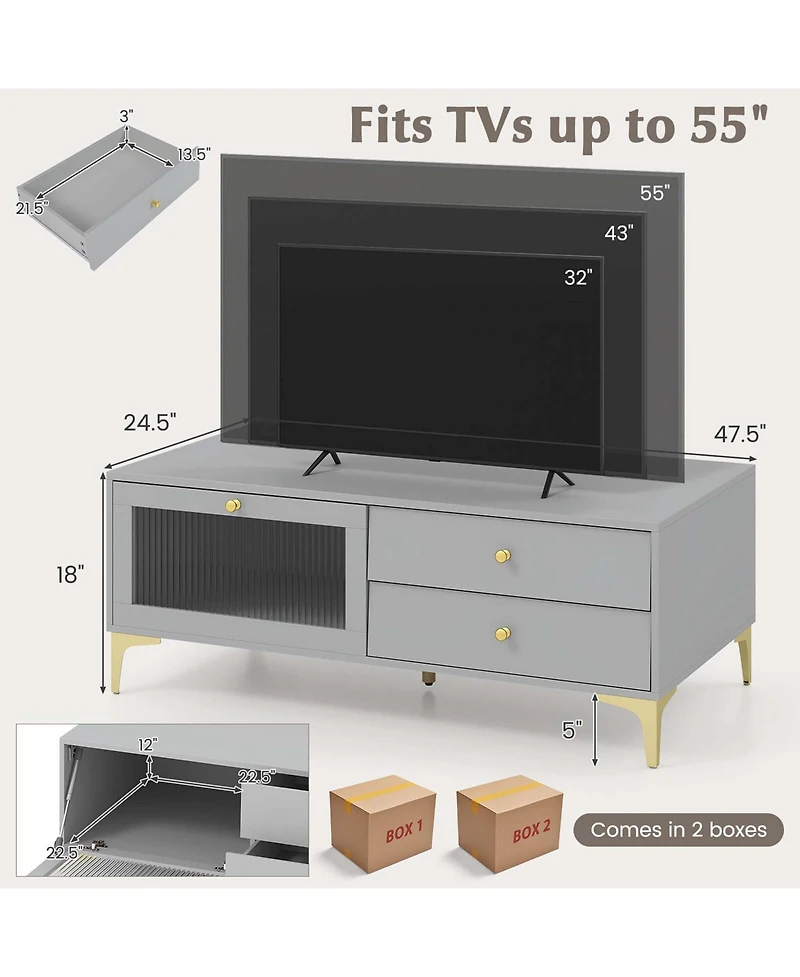 Modern Tv Stand for 55" TVs with Drop Down Door Cabinet 2 Storage Drawers
