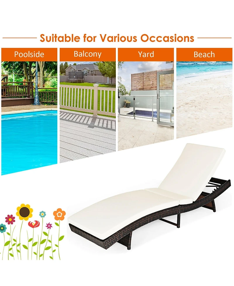 2PCS Patio Rattan Folding Lounge Chair Chaise Adjustable White Cushion