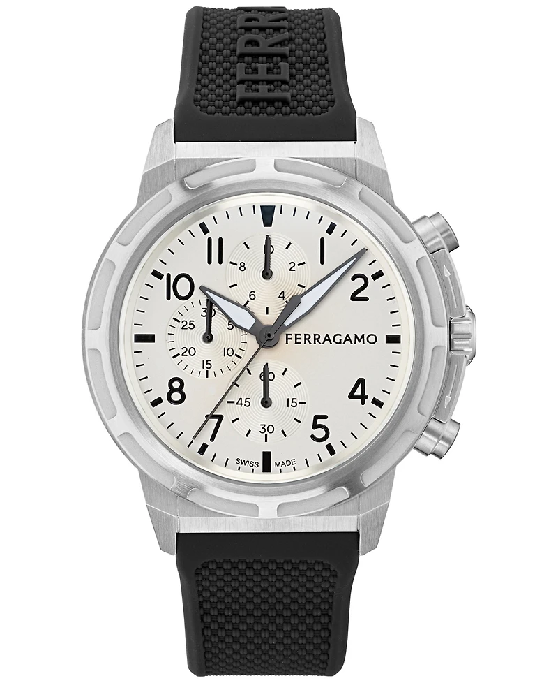 Ferragamo Men's Swiss Chronograph Sport Black Silicone Strap Watch 44mm