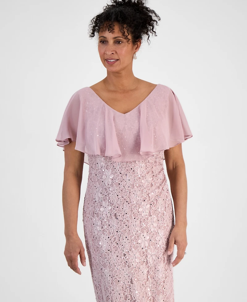 Connected Sequined Lace Chiffon Overlay Gown