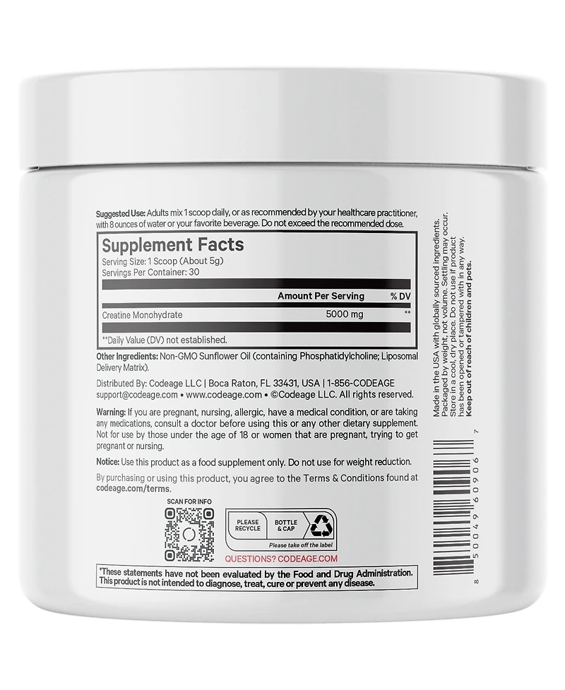Codeage Liposomal Creatine Powder Supplement, Pure Creatine Monohydrate 5000mg, Pre Workout & Post Workouts