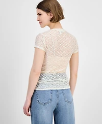 Bar Iii Women's Lace Short-Sleeve Crewneck Tee, Exclusively at Macy's