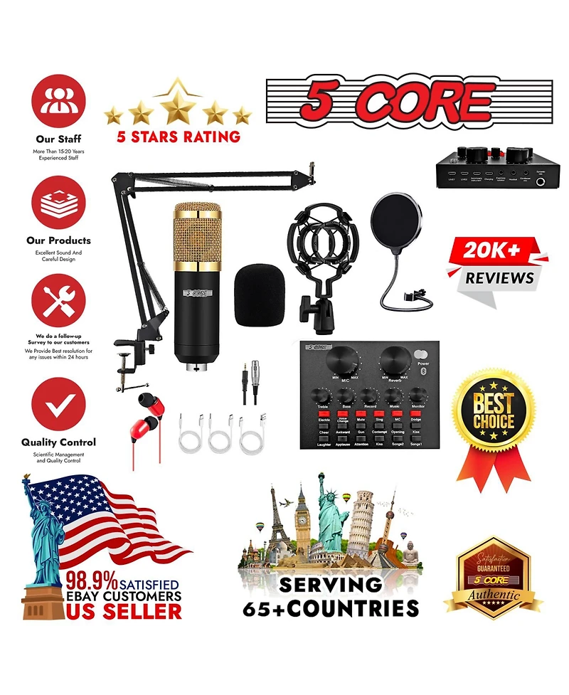 5 Core Recording Microphone Podcast Bundle • Professional Condenser Cardioid Mic Kit • w Boom Arm Rm 8 Bg