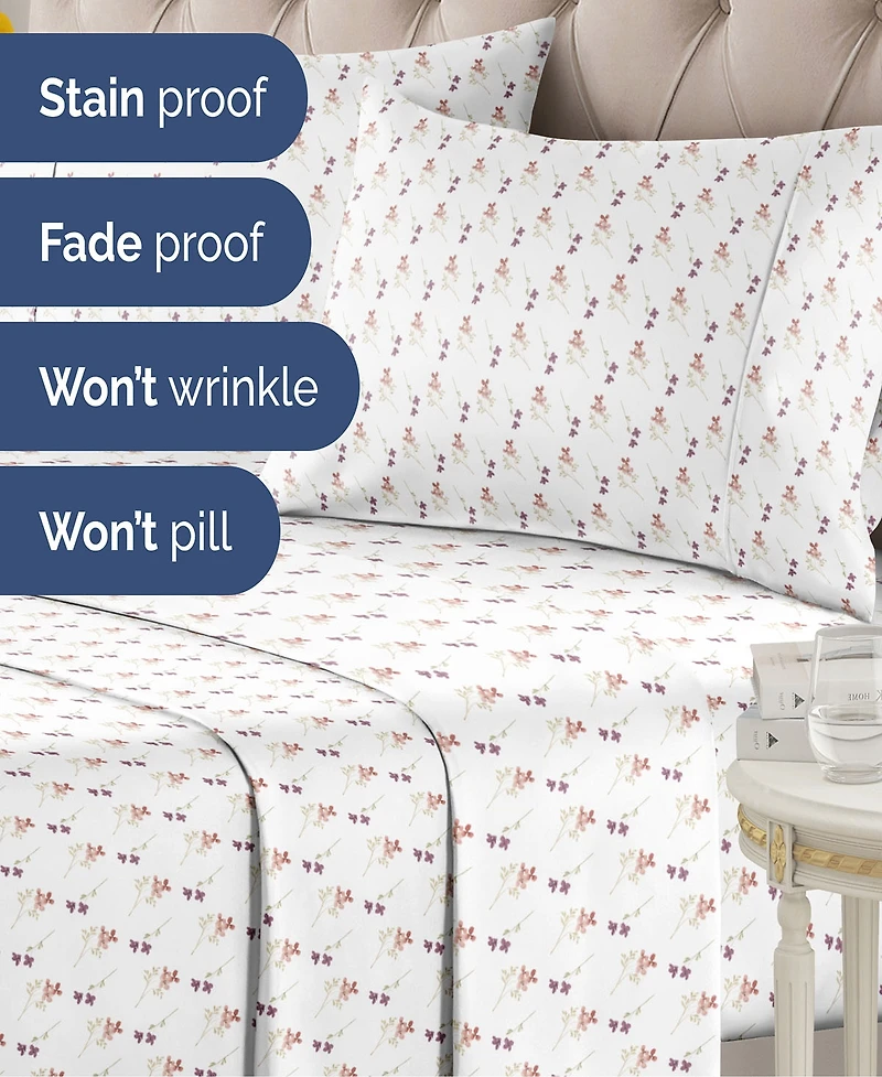 4 Piece Microfiber Floral Sheet Set - King