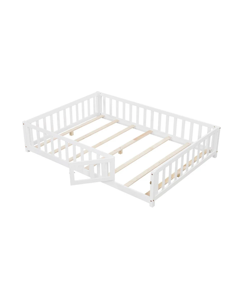 Montessori Bed Frame with Full-length Guardrails Safety Door and Latch