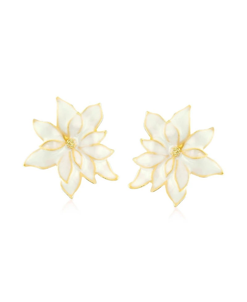 Bling Jewelry Large Statement Poinsettia Brooch Clip-On Earrings Set White Red Enamel