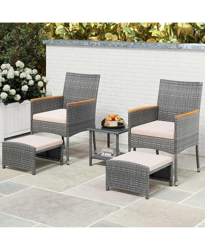 5 Pieces Patio Conversation Set with Soft Cushions and Ottomans-Beige