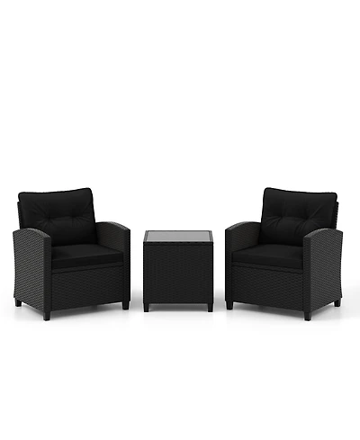 3 Pieces Patio Furniture Set with Tempered Glass Coffee Table