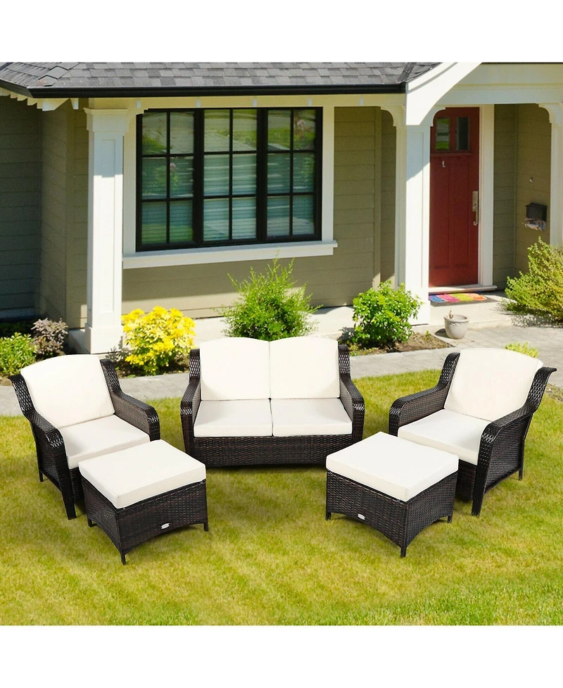 5 Pieces Patio Rattan Sofa Set with Cushion and Ottoman