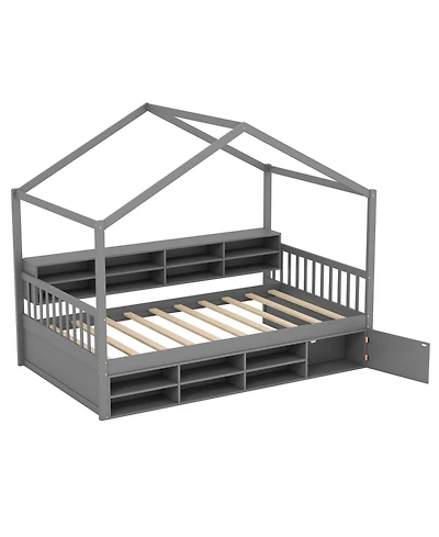 Kids' House Bed with Roof, 14 Storage Cubes, and Enclosed Cabinet for Bedroom