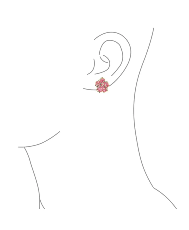 Bling Jewelry Pink Red Enamel Flower Crystal Edge Clip-On Earrings Gold Plated For Non-Pierced