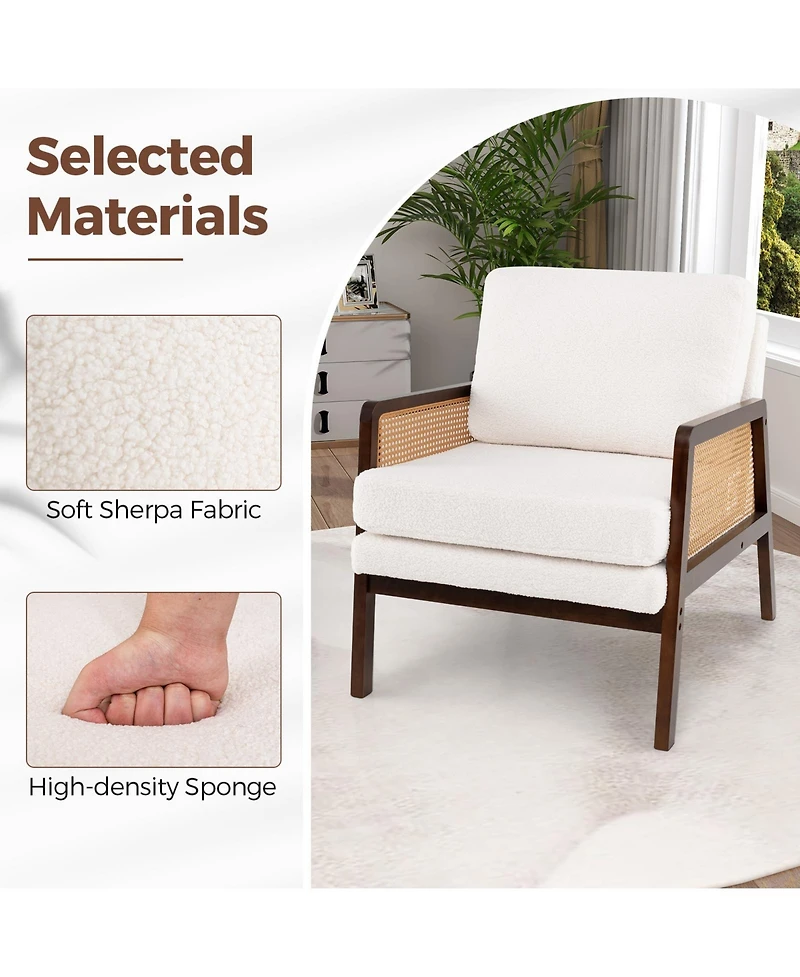 Mid Century Modern Accent Chair with Rattan Arms and Cushion