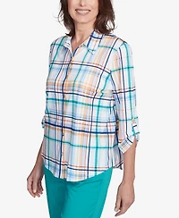 Alfred Dunner Women's Nantucket Plaid Knit Button Front Top