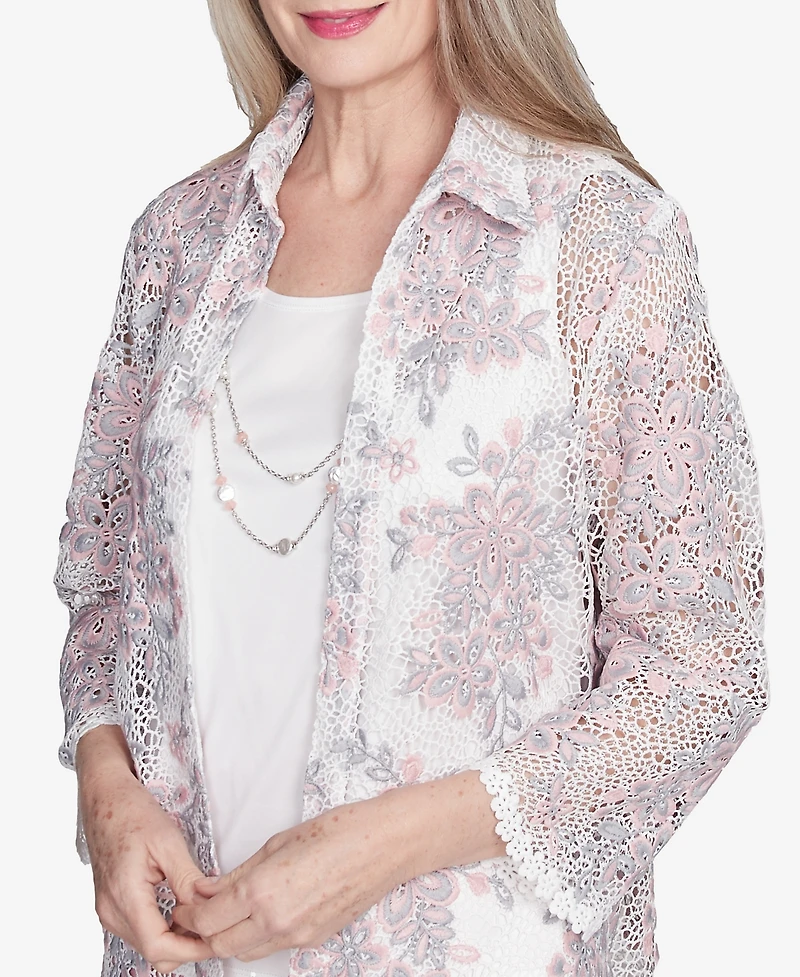 Alfred Dunner Women's Estate of Mind Floral Lace Two in One Top with Necklace