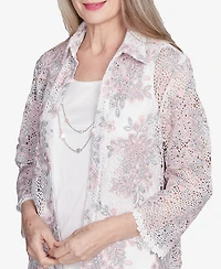 Alfred Dunner Women's Estate of Mind Floral Lace Two in One Top with Necklace