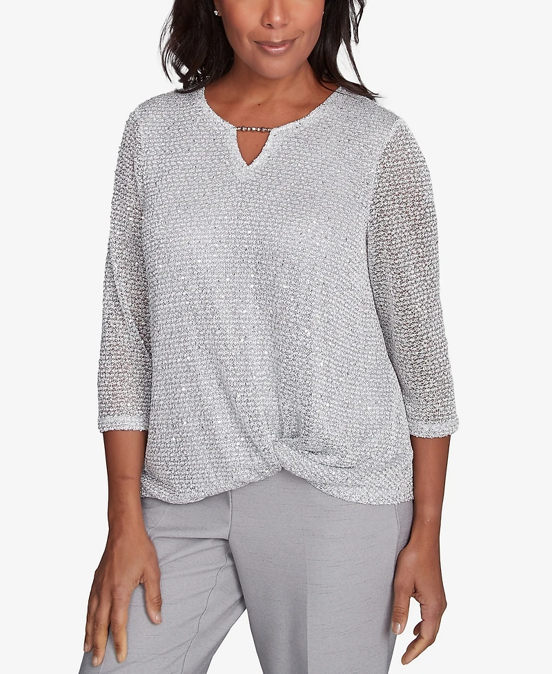 Alfred Dunner Women's Estate of Mind Sequin Beaded Split Neck Top