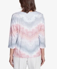 Alfred Dunner Women's Estate of Mind Chevron Lacey Three Quarter Sleeve Top