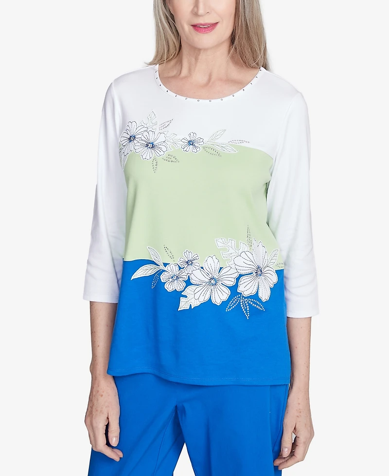 Alfred Dunner Women's Parrot Cay Tropical Colorblock Floral Top