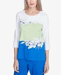 Alfred Dunner Women's Parrot Cay Tropical Colorblock Floral Top