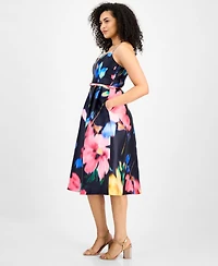 julia jordan Women's Floral-Print Sweetheart Belted Dress