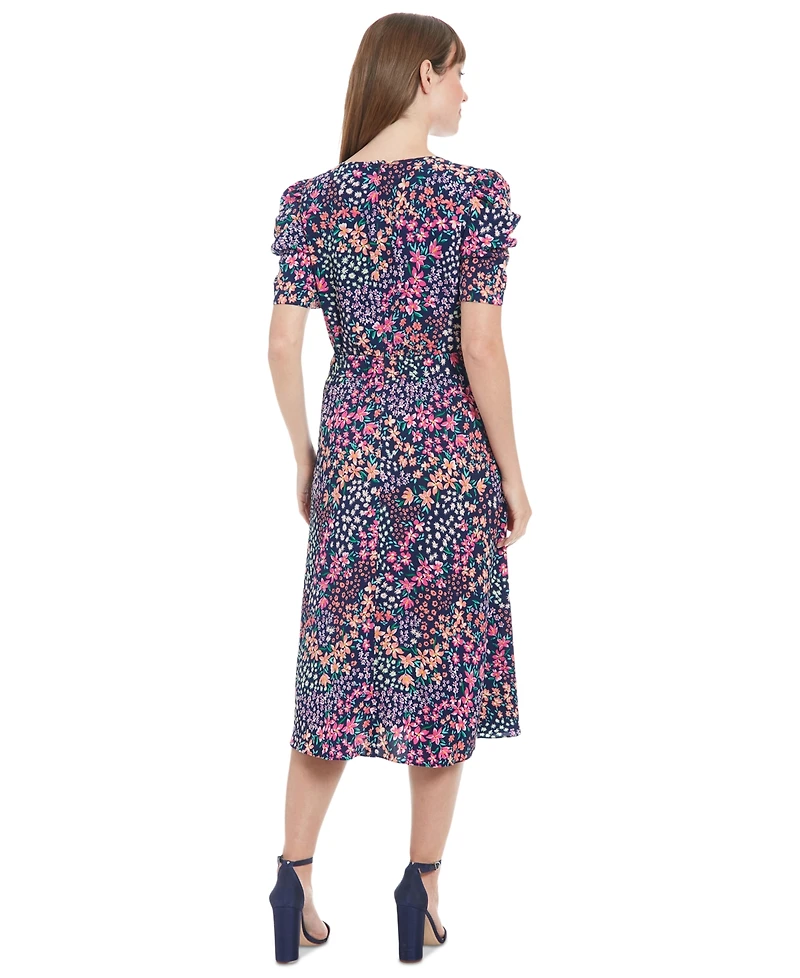 London Times Women's Printed Round-Neck A-Line Dress