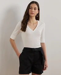 Lauren Ralph Petite Stretch Cotton Elbow-Sleeve V-Neck Tee