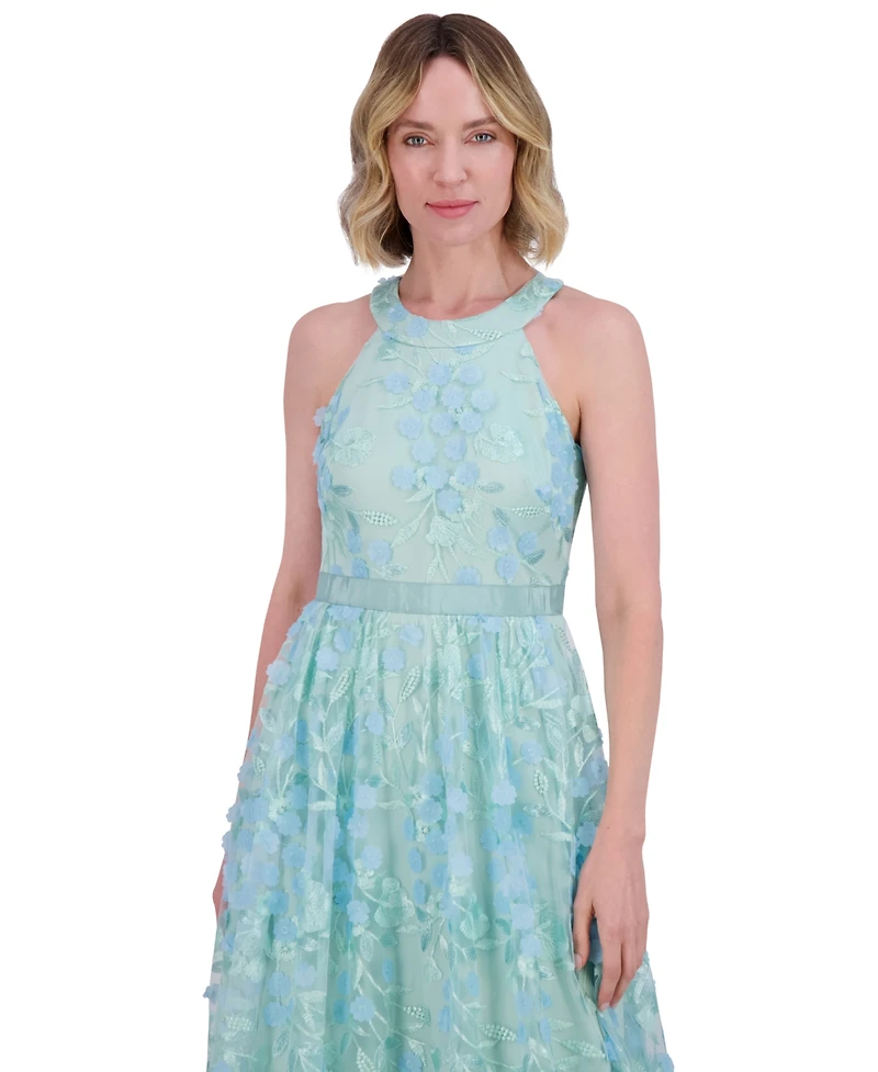 Eliza J Petite 3D Floral Applique Halter Gown