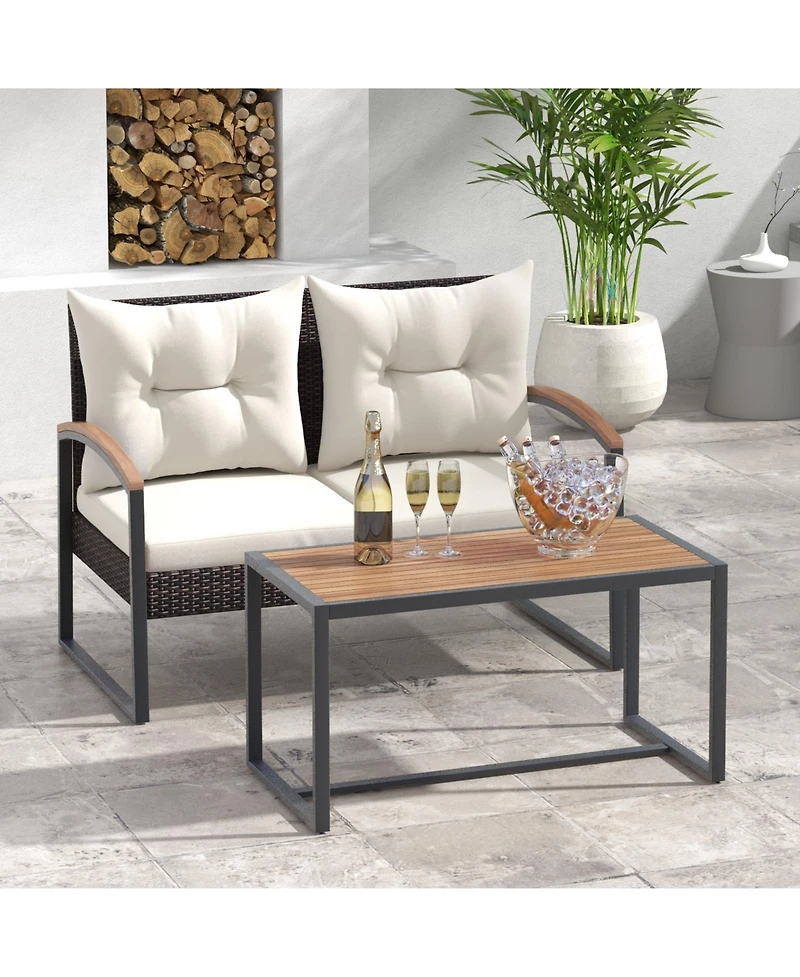 2 Pieces Patio Pe Wicker Furniture Set with Acacia Wood Coffee Table