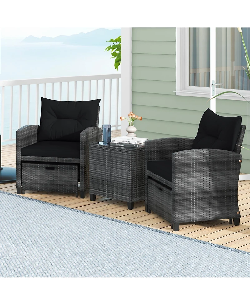 5-Piece Outdoor Rattan Furniture Set with 2 Ottomans and Glass Coffee Table