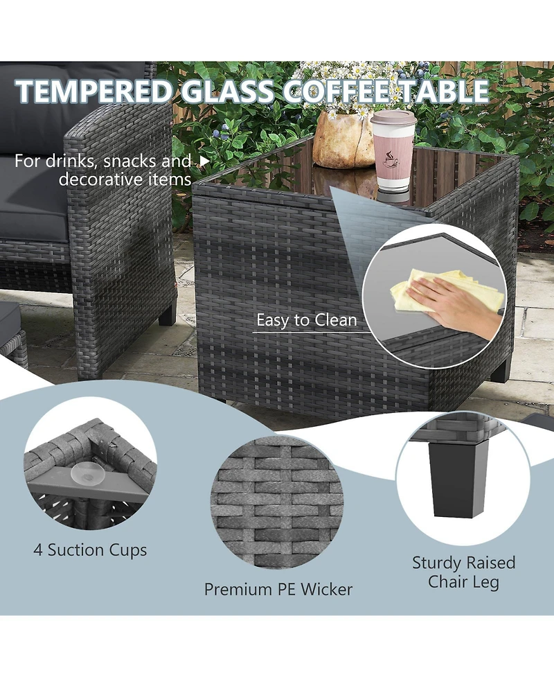 5-Piece Outdoor Rattan Furniture Set with 2 Ottomans and Glass Coffee Table