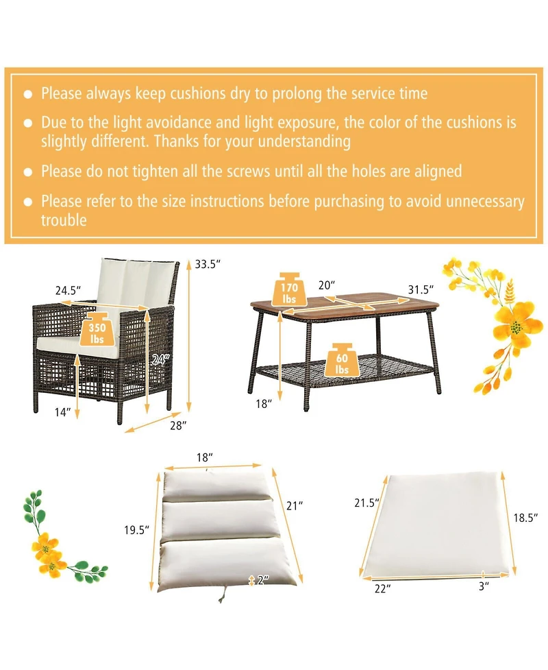 5 Pieces Patio Rattan Furniture Set Cushioned Sofa Armrest Wooden Tabletop