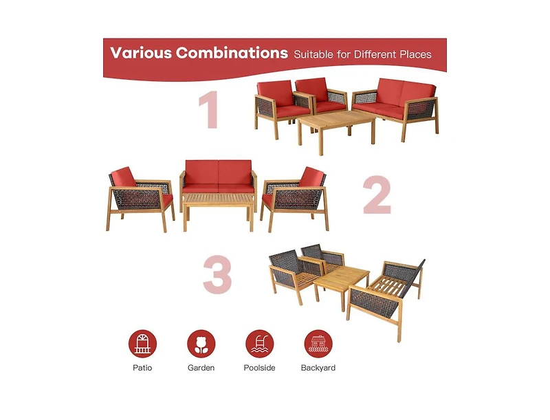 4 Pieces Patio Rattan Furniture Set with Removable Cushions