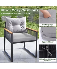 5 Piece Outdoor Rattan Conversation Set with 2-Layer Side Table and 2 Ottomans