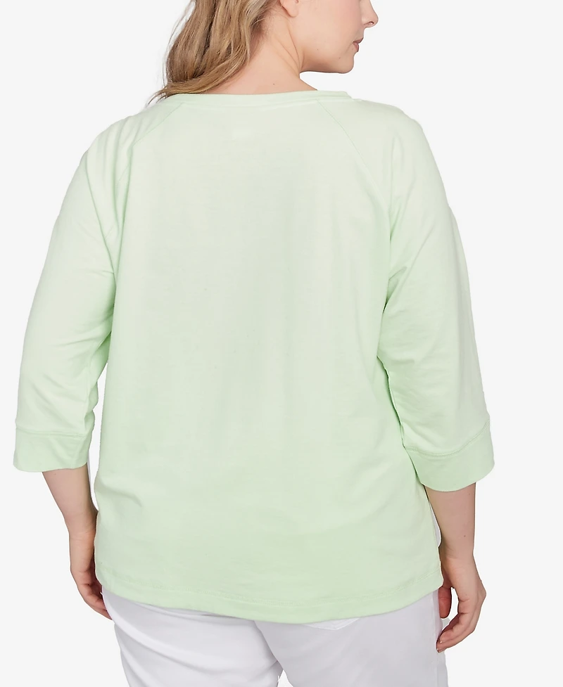 Hearts Of Palm Plus Hibiscus Print 3/4 Sleeve Top