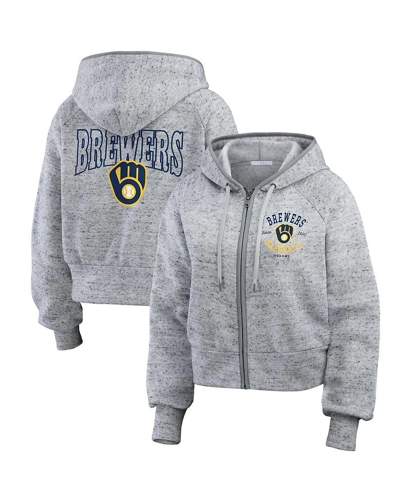 Wear by Erin Andrews Women's Heather Gray Milwaukee Brewers Speckled Fleece Cropped Full-Zip Hoodie
