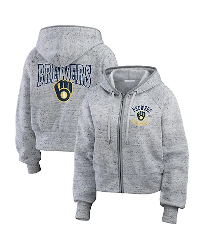 Wear by Erin Andrews Women's Heather Gray Milwaukee Brewers Speckled Fleece Cropped Full-Zip Hoodie