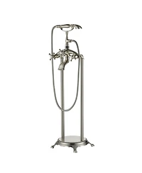 Brushed Nickel Freestanding Faucet Bathtub Floor Mount Tub Filler with Handheld Shower Spray Lever Telephone Shape Bathroom Mixing Tap