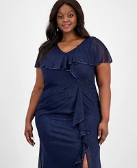 Sl Fashions Plus V-Neck Caplet Ruffled Glitter Dress