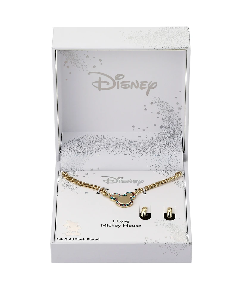 Disney Multi Color Crystal Mickey Mouse Curb Necklace and Hoop Earring Set