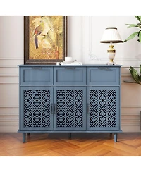 Vintage Storage Cabinet with Drawers and Hollow Doors Sideboard Buffet Cabinet Accent Cabinet for Living Room, Blue